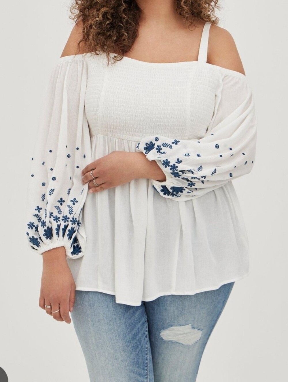 Torrid Gauze Floral Embroidered Cold Shoulder Top White/Blue Babydoll